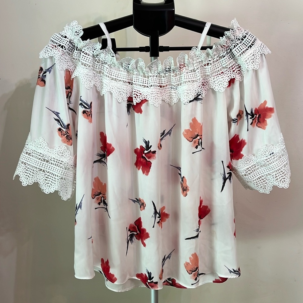 By & By Lace Trimmed Off The Shoulder Top